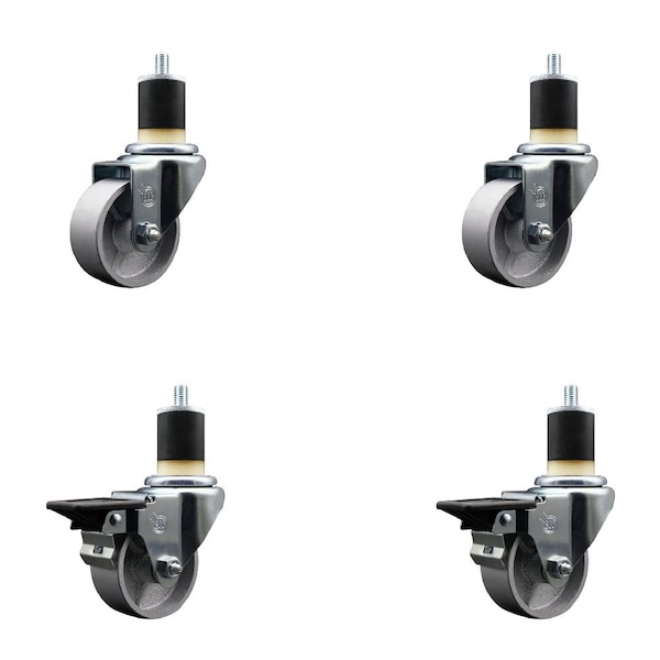 3'' Semi Steel Wheel Swivel 1-7/8'' Expanding Stem Caster Set 2 Brakes, 4PK